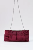 Bordo Zincir Askılı Pileli Saten Kadın Clutch - 5