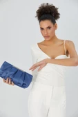 İndigo Zincir Askılı Pileli Saten Kadın Clutch - 2