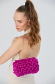 Gümüş Zincirli Fuşya Saten Taşlı Kadın Clutch - 2