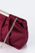 Bordo Zincir Askılı Pileli Saten Kadın Clutch - 4