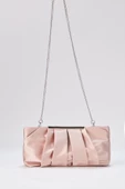Şampanya Rengi Zincir Askılı Pileli Saten Kadın Clutch - 5