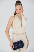 Gümüş Zincirli Lacivert Saten Taşlı Kadın Clutch - 2