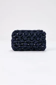 Gümüş Zincirli Lacivert Saten Taşlı Kadın Clutch - 4