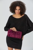 Bordo Zincir Askılı Pileli Saten Kadın Clutch - 7
