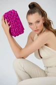 Gümüş Zincirli Fuşya Saten Taşlı Kadın Clutch - 3