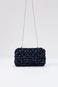 Gümüş Zincirli Lacivert Saten Taşlı Kadın Clutch - 7