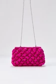 Gümüş Zincirli Fuşya Saten Taşlı Kadın Clutch - 6