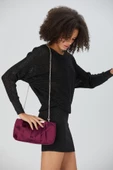Bordo Zincir Askılı Pileli Saten Kadın Clutch - 6