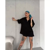 Lucky Life Unisex Yarım Fermuarlı Düz Oversize T-Shirt - Siyah - 3