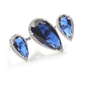 925 Ayar Gümüş Çift Parmak Yüzüğü Damla Safir Üçlü thumbnail 3