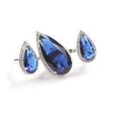 925 Ayar Gümüş Çift Parmak Yüzüğü Damla Safir Üçlü thumbnail 4