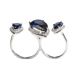 925 Ayar Gümüş Çift Parmak Yüzüğü Damla Safir Üçlü thumbnail 8