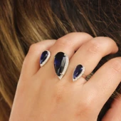 925 Ayar Gümüş Çift Parmak Yüzüğü Damla Safir Üçlü thumbnail 2