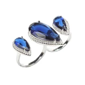 925 Ayar Gümüş Çift Parmak Yüzüğü Damla Safir Üçlü thumbnail 9