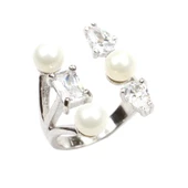 925 Ayar Gümüş Üç İncili, Zirkon Taşlı Yüzük thumbnail 2