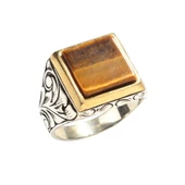 925 Ayar Gümüş Kare Kaşlı Kaplan Gözü Taşlı Erkek Yüzük thumbnail 4