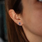 925 Ayar Gümüş Nazar Boncuklu Lacivert Mineli Yuvarlak Küpe, Beyaz Taşlı thumbnail 5