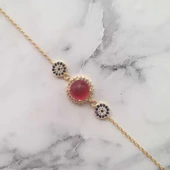 925 Ayar Gümüş Kırmızı Taşlı & Nazar Boncuklu Bileklik thumbnail 2