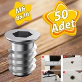 Metal Düz Dişli Dübel Ahşap Dübeli M6 8x16 Diş Çinko Mobilya Bağlantı Ünite Birleştirme (50 ADET) thumbnail 1