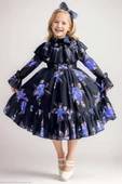 Kız Çocuk Kolları Transparan ve Yakası Fırfırlı Üzeri Çiçek Desenli Piliseli Mor Elbise thumbnail 1