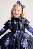 Kız Çocuk Kolları Transparan ve Yakası Fırfırlı Üzeri Çiçek Desenli Piliseli Mor Elbise thumbnail 2