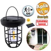 Sensörlü Bahçe Duvar Dış Mekan Apliği Aplik Güneş Enerjili 3 Modlu Sarı Işıklı 15 W Fener Lamba thumbnail 1