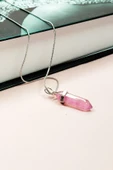 Pembe Kuvars Doğal Taşı Zincirli El Yapımı Tasarımlı Kolye Uç: 3,5 cm Zincir: 20 cm Kutulu - 4
