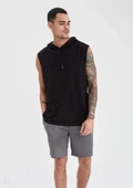 Unisex Kapşonlu Kolsuz Düz Oversize T-shirt - Siyah - 1