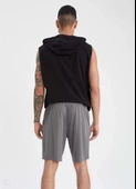 Unisex Kapşonlu Kolsuz Düz Oversize T-shirt - Siyah - 3