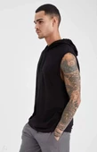 Unisex Kapşonlu Kolsuz Düz Oversize T-shirt - Siyah - 2