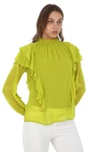 Omuz Fırfırlı Yaka Gipeli Şifon Bluz 6001-Olive - 5