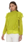 Omuz Fırfırlı Yaka Gipeli Şifon Bluz 6001-Olive - 3