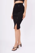 Peraluna JASMINE SKIRT Midi Boy Yandan Düğmeli Ribana Kadın Triko Etek - Siyah - 4