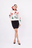 Peraluna POPPY CARDIGAN Gelincik Desenli Organik Pamuk Kadın Kısa Hırka - Ekru - 7