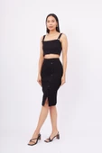 Peraluna JASMINE SKIRT Midi Boy Yandan Düğmeli Ribana Kadın Triko Etek - Siyah - 5