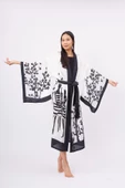 Peraluna BEACH GIRLS LONG KIMONO Baskılı Saten Kadın Uzun Kimono - Siyah/Beyaz - 6