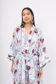 Peraluna ROSEMARY LONG KIMONO Baskılı Saten Kadın Uzun Kimono - Turkuaz - 2