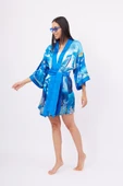 Peraluna OCEAN STORY SHORT KIMONO Baskılı Saten Kadın Kısa Kimono - Deniz Mavisi - 5