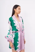Peraluna LILAC CHARM SHORT KIMONO Baskılı Saten Kadın Kısa Kimono - Yeşil/Pembe - 4