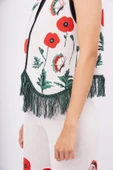 Peraluna POPPY WAISTCOAT Gelincik Desen V Yaka Eteği Püskül Detaylı Rahat Kesim Kadın Triko Yelek - Ekru Multi - 4