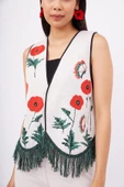 Peraluna POPPY WAISTCOAT Gelincik Desen V Yaka Eteği Püskül Detaylı Rahat Kesim Kadın Triko Yelek - Ekru Multi - 3