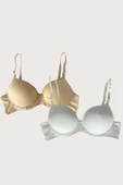 Shopidik  Beyaz-Ten 2'li  Mikro Kumaş Push Up Dolgulu Balenli Günlük Destekli Sütyen - 3