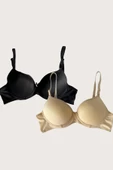 Shopidik  Siyah-Ten 2'li Mikro Kumaş Push Up Dolgulu Balenli Günlük Destekli Sütyen - 1