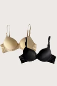 Shopidik  Siyah-Ten 2'li Mikro Kumaş Push Up Dolgulu Balenli Günlük Destekli Sütyen - 5