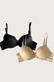 Shopidik  Siyah-Ten 2'li Mikro Kumaş Push Up Dolgulu Balenli Günlük Destekli Sütyen - 4