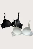 Shopidik  Siyah-Beyaz 2'li Mikro Kumaş Push Up Dolgulu Balenli Günlük Destekli Sütyen - 3