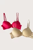 Shopidik  Ten-Kırmızı 2'li Mikro Kumaş Push Up Dolgulu Balenli Günlük Destekli Sütyen - 1