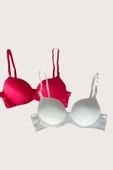 Shopidik  Kırmızı-Beyaz 2'li Mikro Kumaş Push Up Dolgulu Balenli Günlük Destekli Sütyen - 1