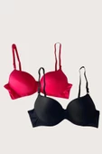Shopidik  Siyah-Kırmızı 2'li Mikro Kumaş Push Up Dolgulu Balenli Günlük Destekli Sütyen - 3
