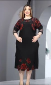 Kırmızı Güllü Crystal Taşlı Elbise - SİYAH - 2